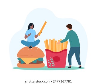 Fast food restaurant order and delivery of snacks. Tiny happy people take potato chips out of huge box, enjoy fries and burger at junk food and American cuisine party cartoon vector illustration