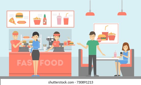 Fast Food Restaurant. People Ordering Food And Eating. Cashier With Menu.