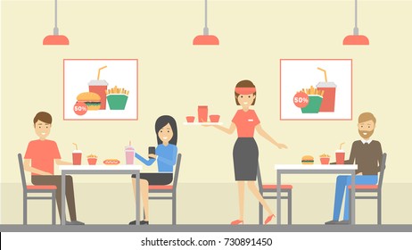 Fast food restaurant. People ordering food and eating.