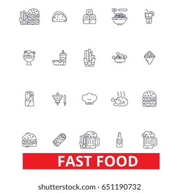 Fast food, restaurant, pizza, hamburger, burger, junk, hot dog, french fries line icons. Editable strokes. Flat design vector illustration symbol concept. Linear signs isolated on white background