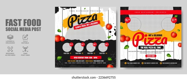 Fast food restaurant pizza sale business online marketing social media post. Food menu promotion flyer with abstract background, logo and icon. Digital web banner for healthy burger or hamburger.