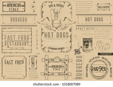 Fast Food Restaurant Placemat - Paper Napkin For Pizzeria, Burger House, Bar, Food Truck Or Pub In Retro Style. Vintage Craft Paper Design.  Vector Illustration.