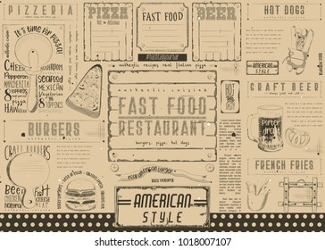 Fast Food Restaurant Placemat - Paper Napkin For Pizzeria, Burger House, Bar, Food Truck Or Pub. Craft Paper Design. Vector Illustration.