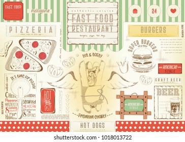 Fast Food Restaurant Placemat - Paper Napkin For Pizzeria, Burger House, Hot Dogs Bar, Food Truck Or Pub In Retro Style. Vector Illustration.