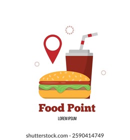 Fast Food Restaurant Point with Burger Drink and Location Marker. Eating out and food industry concept vector art