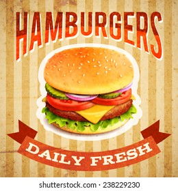 Fast Food Restaurant Poster With Beaf Meat Hamburger Emblem Vector Illustration