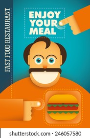Fast food restaurant poster with comic guy. Vector illustration.