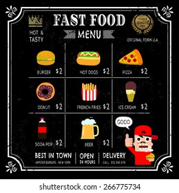 Fast food restaurant poster menu with hipster emblem on chalkboard . vector illustration