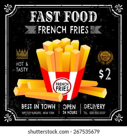 Fast food restaurant poster menu with potato french fries emblem on chalkboard . vector illustration