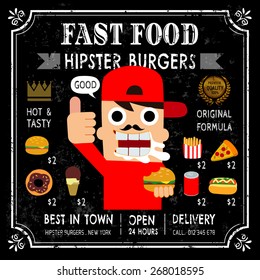 Fast food restaurant poster menu with hipster emblem on chalkboard . vector illustration