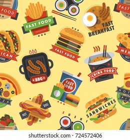 Fast food restaurant product seamless pattern background meal hamburger vector illustration.