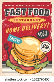 Fast food restaurant promo poster design template with sandwich graphic. Home delivery junk food advertisement. Old paper texture vector with burger meal and fork.