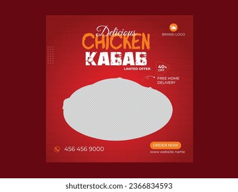 Promoción de comida rápida y restaurante simple pollo cuadrado kabab vector medios sociales plantilla de diseño de anuncios