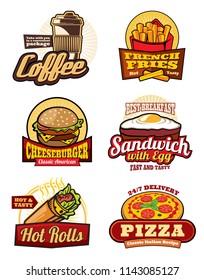 Fast food restaurant retro labels. Hamburger, pizza and french fries, cheeseburger, coffee, egg sandwich and mexican burrito isolated badge for cafe menu or food delivery service design