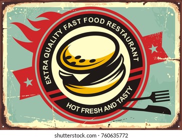 Fast food restaurant retro sign design with hot burger. Burger retro poster template. Food and drinks theme.