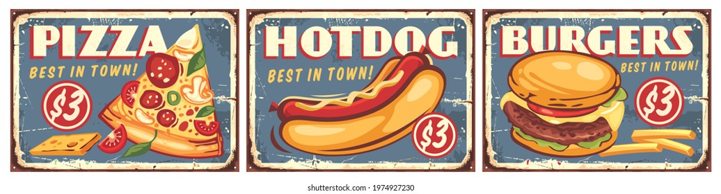 Fast food restaurant retro signs collection for interior decoration. Pizza, burger and hot dog retro signs designs. Vintage vector food illustrations.