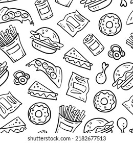 Fast food restaurant seamless background. Hand drawn food vector illustration with pattern falling snacks and drinks. Black and white market, delivery packaging design