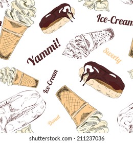 Fast food restaurant service chicken legs sandwich icecream wrapping paper seamless pattern print doodle sketch vector illustration