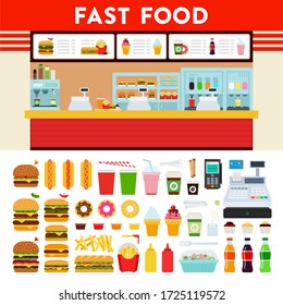 Fast Food Restaurant And Set Menu Vector Icon Flat Isolated.