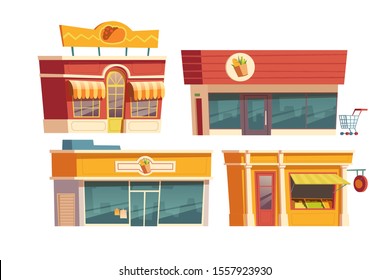 Fast food restaurant and shops building cartoon vector illustration. Facades of food markets and cafes or bistros with signboards. City small business storefront exterior isolated on white