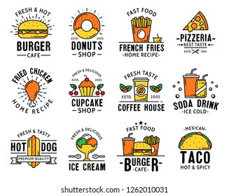 Fast food restaurant signs and delivery or takeaway menu icons. Vector fastfood burgers cafe, donut cakes shop or pizzeria pizza and coffee house or Mexican tacos bar and hot dog street food