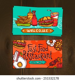 Fast food restaurant sketch flyer cards set isolated on wooden background vector illustration