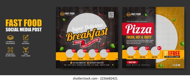 Fast food restaurant social media banner post template with abstract background, logo and business icon. Healthy food menu marketing web poster. Pizza, burger or hamburger online sale promotion flyer.