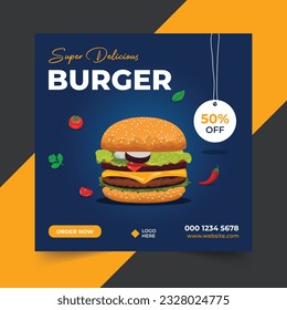 Fast food restaurant social media post or web banner template design. Food promotion banner. Burger social media post vector illustration