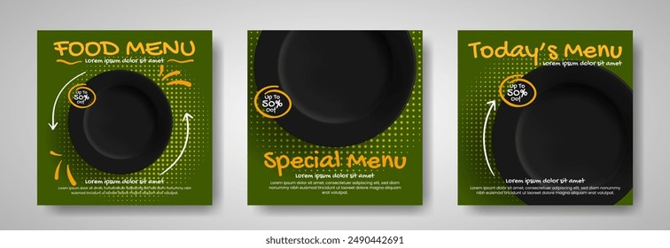 Fast Food Restaurant Social Media Post oder Web Banner Vorlage Design.Vektorillustration mit Schwarzteller.