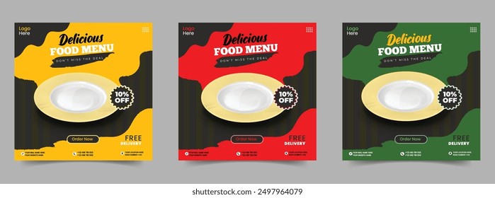 Restaurante de comida rápida, publicación en redes sociales o diseño de Plantilla de Anuncio de Web. Menú de comida Anuncio y cartel Vector con Plato. Folleto de promoción de negocios de restaurantes o diseño de Plantilla de póster. para hamburguesas y pizza