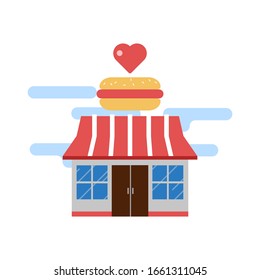 Restaurante de comida rápida en la parte delantera. Ilustración de estilo plano. 