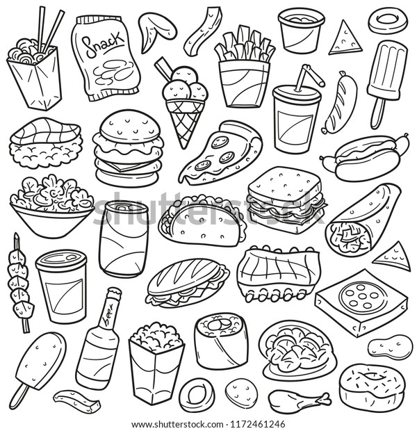 Fast Food Restaurant Traditional Doodle Icons Stock Vector (Royalty ...