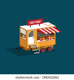 Fast food restaurant trailer. 3d vector illustration of a fast food trailer in isometry. French fries, fried eggs, soda, bacon, and sauces are grouped separately. Vector illustration