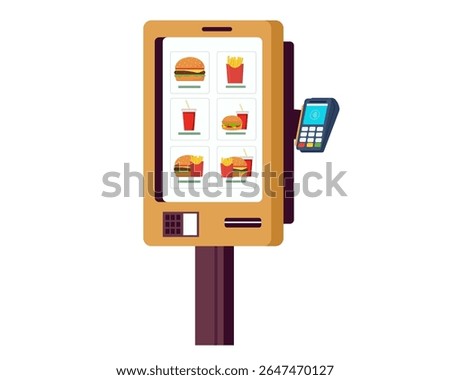 fast food restaurant using a self-service kiosk or a terminal with a screen vector illustration