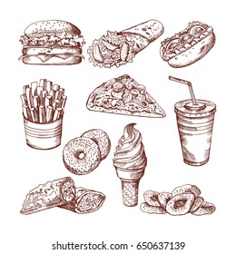 Fast food restaurant. Vector hand drawn pictures of burger french fries cola and pizza.