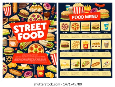 Fast food restaurant vector menu with burger sandwiches, drinks and desserts. Pizza, hamburger and soda, hot dog, fries and coffee, cheeseburger, mexican tacos and burritos price list template