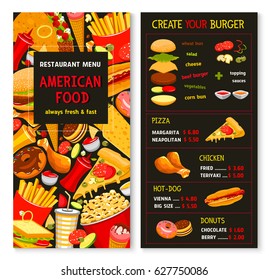 Fast food restaurant vector menu template. Price for fastfood burgers and hot dogs, frech fries and chicken nuggets or wings hamburger or cheeseburger sandwiches, combo meals and ice cream desserts