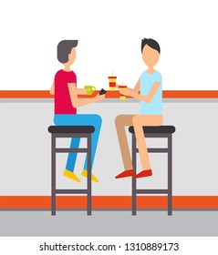 Fast food restaurant vector, people drinking soda and tea from mug and plastic cup. Friends spending time in cafe relaxing from work, male on chairs