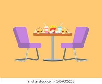 Fast food restaurant vector, table with burger and soda drink in plastic mug. Dinner at bistro, desk with chairs, sandwich French fries fried potatoes. Flat cartoon