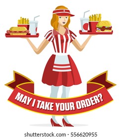 fast food restaurant waitress attending orders