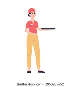 Fast food restaurant waitress female cartoon character with tray, flat vector illustration isolated on white background. Fast food cafe or restaurant staff member.