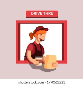 Fast food restaurant worker ready gives a customer order at a drive thru window, drive thru service concept in cartoon illustration vector