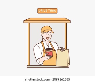 Fast Food Restaurant Worker Ready Gives A Customer Order At A Drive Thru Window. Hand Drawn Style Vector Design Illustrations.