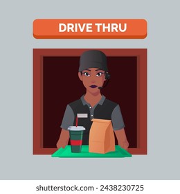 Fast Food Restaurant worker Serving Order at a Drive Thru window, African-American Woman Serving Take Away Meal And Drink. Vector Illustration