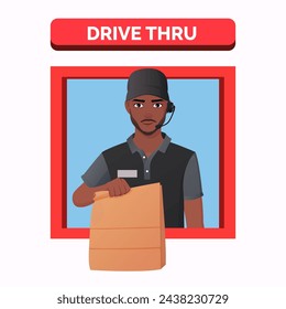 Fast Food Restaurant worker Serving Order at a Drive Thru window, African-American Man Serving Take Away Meal. Vector Illustration