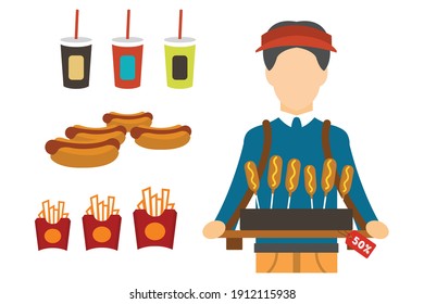 Fast Food Restaurant Worker. Vector Illustration. Flat Design Illustration With Fast Food Products And Stadium Vendor