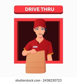 Fast-Food-Restaurant-Arbeiter, Frau, die Bestellung an einem Drive-Thru-Fenster serviert, Cartoon Drive-Thru-Service-Konzept, Vektor-Illustration