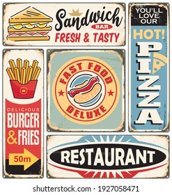 Fast food restaurants and diners retro signs collection. Food ads. Burger, pizza, french fries, sandwich and hot dogs posters and food vector design elements. 