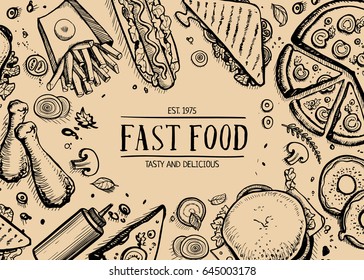 Fast Food Retro Advertising Background. Cafe Price Catalog, Junk Food Retro Poster With Snack Linear Sketches. Restaurant Menu Cover Vector Illustration With Hand Drawn Pizza, French Fries, Hot Dog.