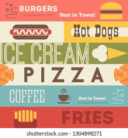 Fast Food Retro Background. Vector Illustration. Poster in Vintage Style.